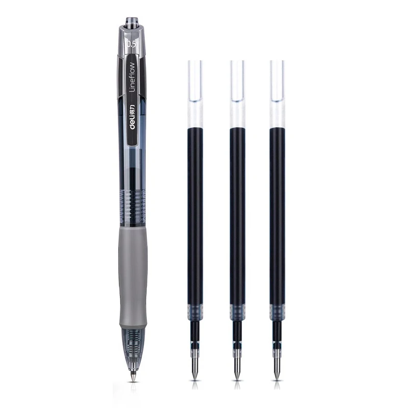 deli Retractable Ballpen Gel Pens 3Pcs Set Black Blue Ink 0.5mm Ballpoint Replaceable Refills Office School Supplies Stationery: black
