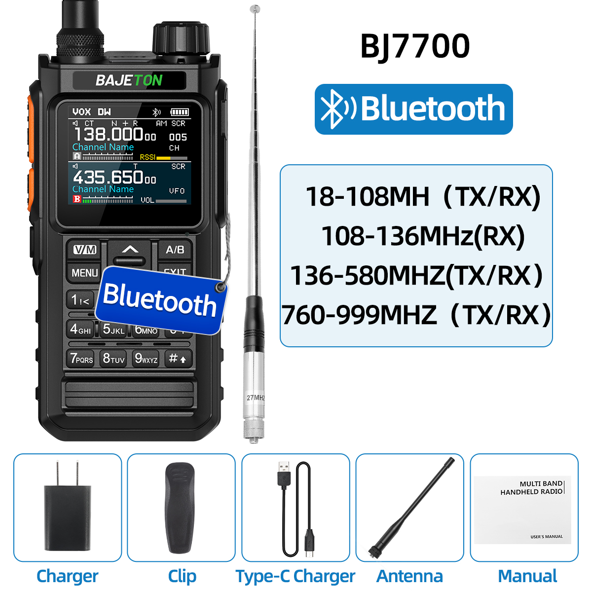 BAJETON BJ7700 Walkie Talkie Multi Banda Sem Fio Bluetooth Programação de Telefone Redução de Ruído AM FM Ham Rádio Para Acampamento BJ8200: Marrom / American