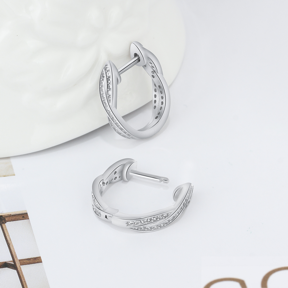 Classic Real 925 Sterling Silver Hoop Earrings Cubic Zirconia Twisted Earrings for Women Silver 925 Fine Jewelry (Lam Hub Fong)