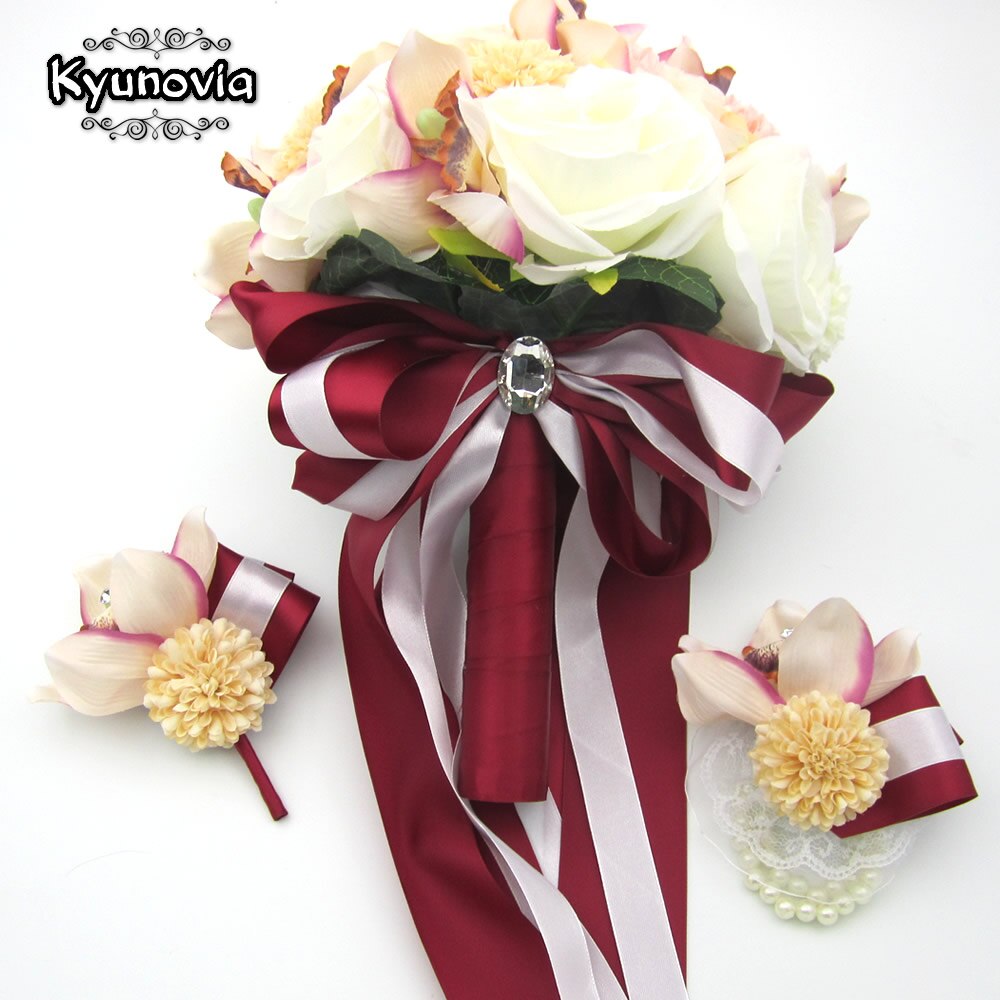 Kyunovia soie mariage Bouquet fleurs mariage souvenir Bouquet mariée Bouquet corail Rose et Rose hortensia mariage Bouquet FE36: 3PCs SET Claret