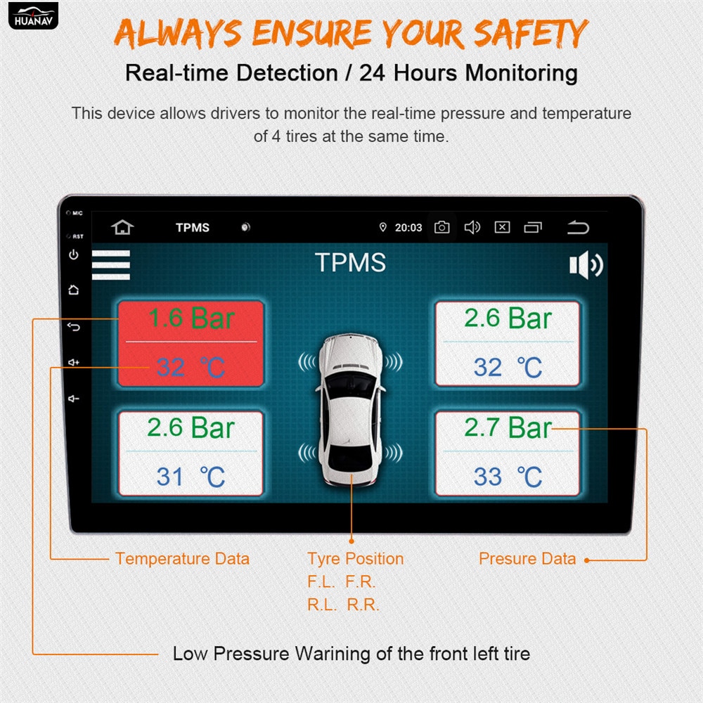 HUANAV USB Android TPMS Tire Pressure Monitoring System Display Alarm System 5V Internal Sensors Navigation Car Radio 4 Sensors