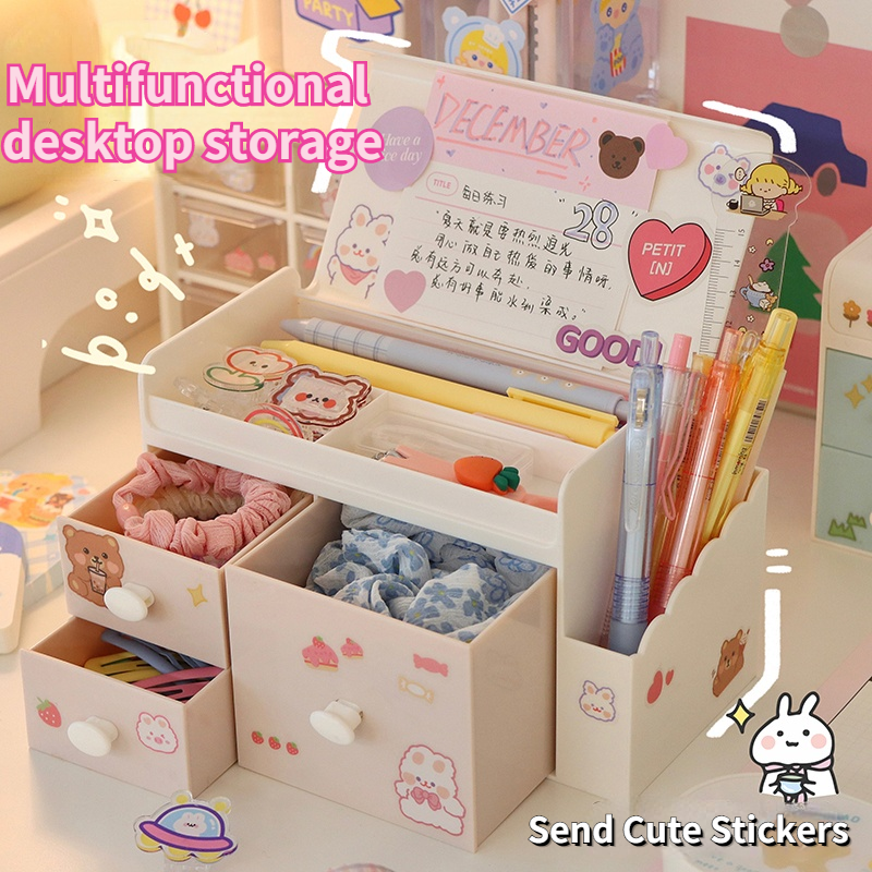 Caja de almacenamiento Kawaii para escritorio, cajón de plástico para bolígrafos, organizador de cosméticos para estudiantes, contenedor para el hogar, de pegatinas