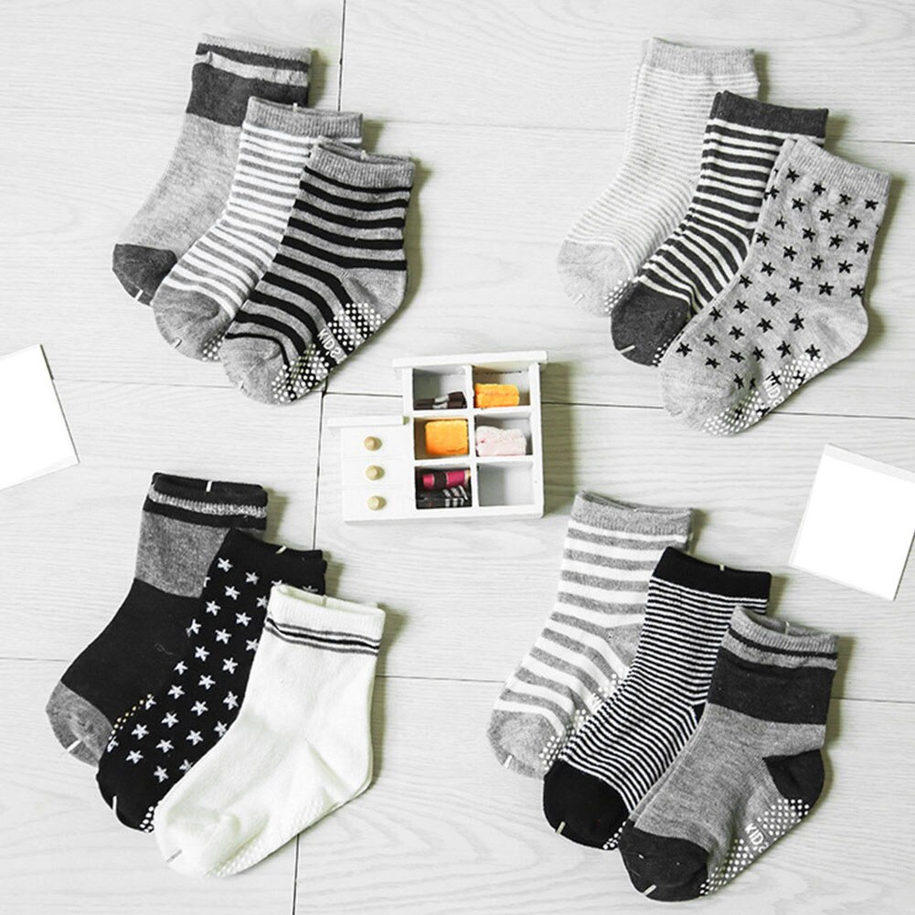 6 Pairs 12Cm 0-3 Jaar Diverse Non Skid Enkel Katoenen Sokken Baby Peuter Anti Slip Strepen Ster baby Sokken Willekeurig Kleur