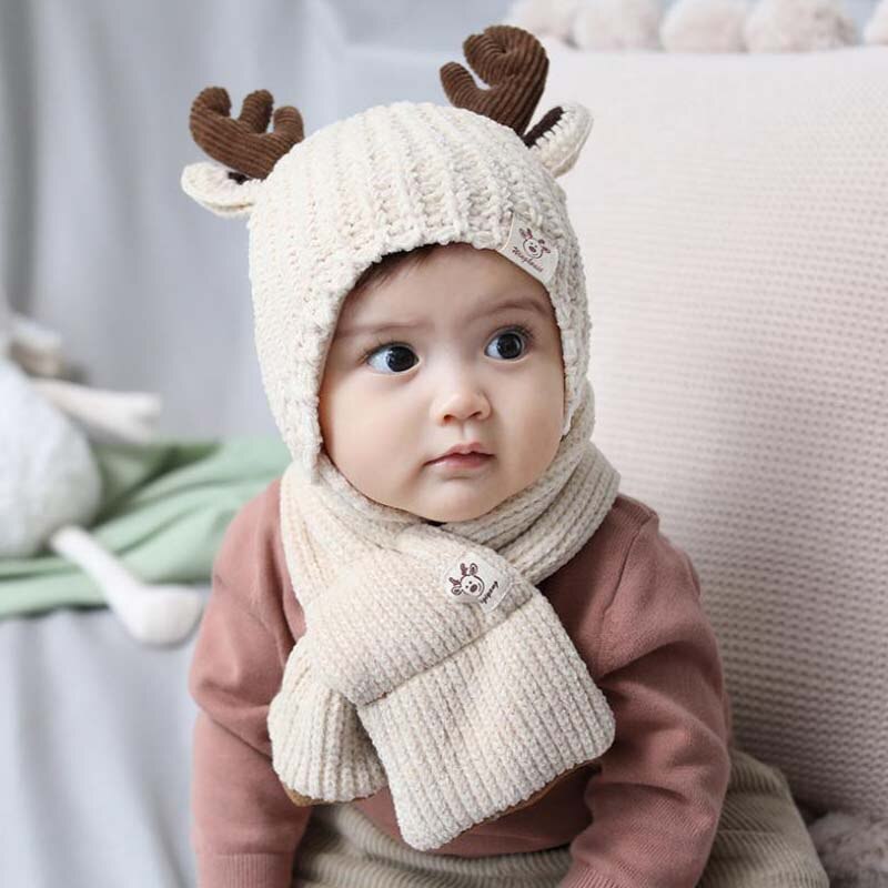 Doitbest 8 months to 3 Years kids Beanie little deer kid boys Knit hats winter 2 pcs fur baby girls winter hat and scarf: Beige