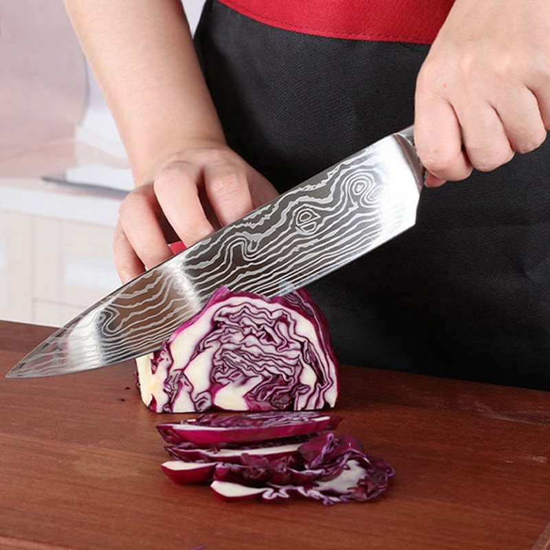 IWELAI Kitchen Knife Set Home Cook Knife Japanese 7CR17 440C Imitation Damascus Pattern Knife Nine-Piece Knife