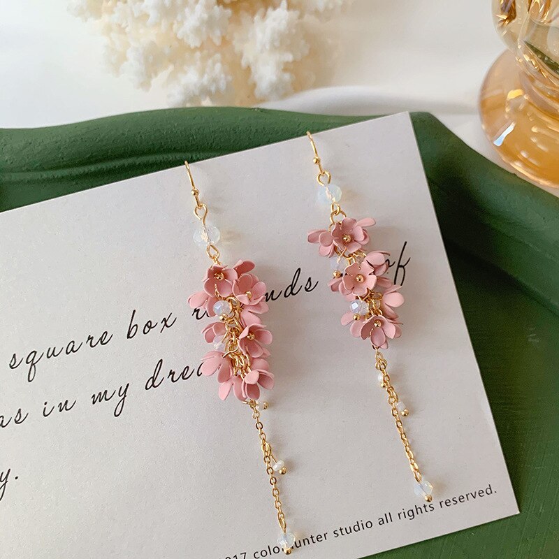 Styl japońnarty wróżka różowy kwiat biały klipsy kutas bez składania długi kryształ elegancki kwiatowy kolczyki panny młodej na ślub