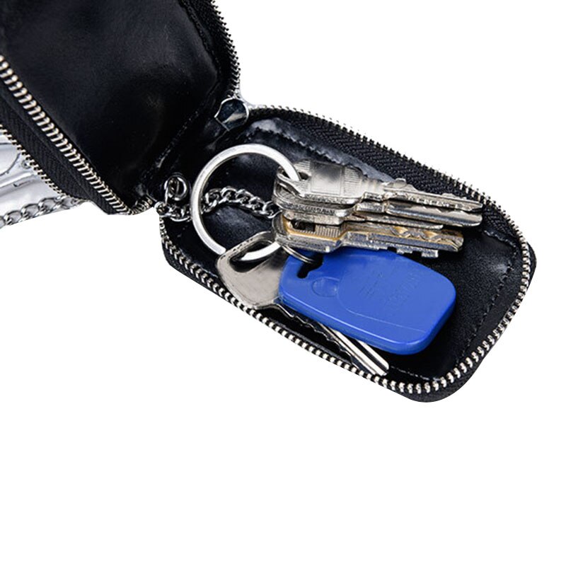 Esdrem Unisex echt lederen sleutelhanger houder dubbele rits auto sleutelhanger portemonnee portemonnee zwart