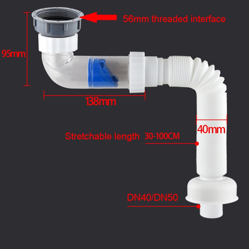ABS Drain Hose Washbasin Corrugated Curved Pipe Bathroom Expandable Flexible Drain Tube Kitchen Sink Sewer Deodorant Accessories: 56MM