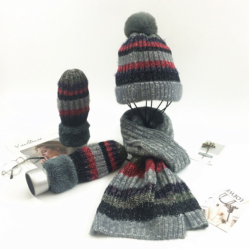 Tørklæde hat og handsker sæt tredelt sæt til kvinder pompon skullies beanies strikning efterår og vinter varm stribet hue: -en