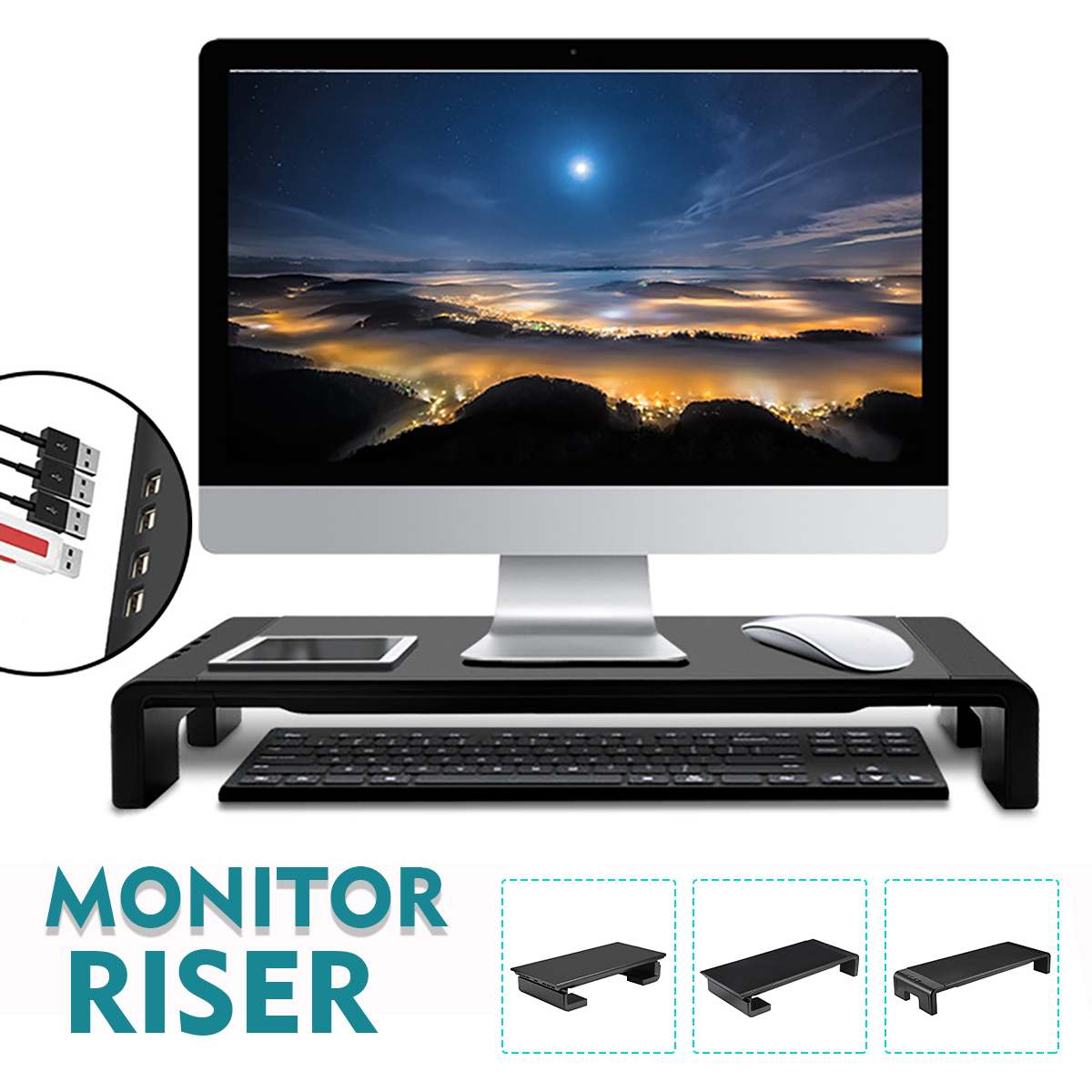 Smart Monitor Riser 20" 4 USB Charging Ports Laptop Stand Multifunction Desktop Computer Screen Shelf PC Monitor Holder TV Desk: Default Title