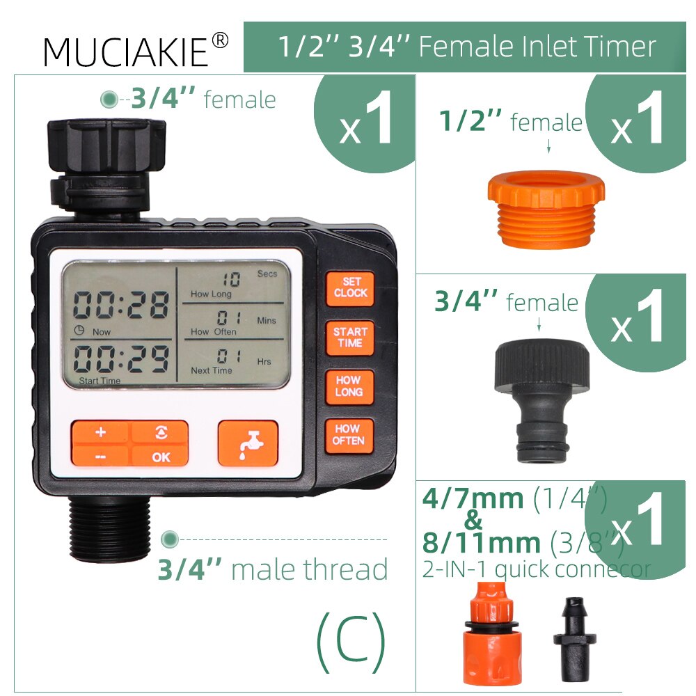 Temporizador de riego por goteo para jardín, controlador Digital programable automático, válvula solenoide, sistema de aspersores para invernadero doméstico: C