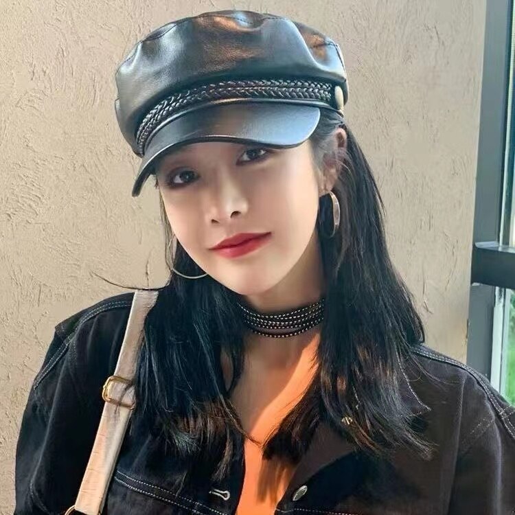 Black women&#39;s octagonal hat British retro pu leather leather hat beret: black 2