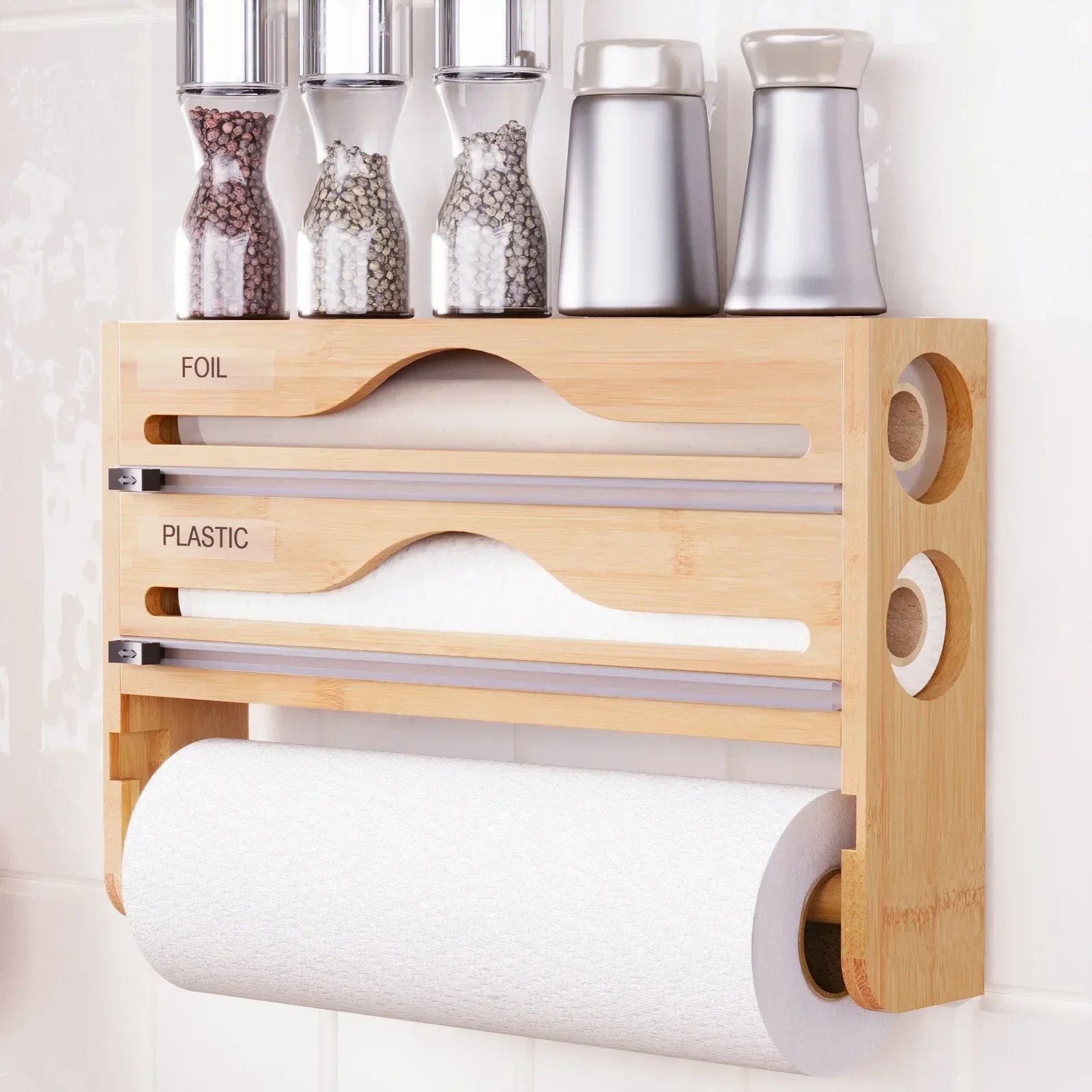 Keuken Bamboe Compartiment Vershoudfolie Tin Folie Cutter Box Keukenpapier Wandmontage Papieren Handdoek Keuken Organizer Accessoires
