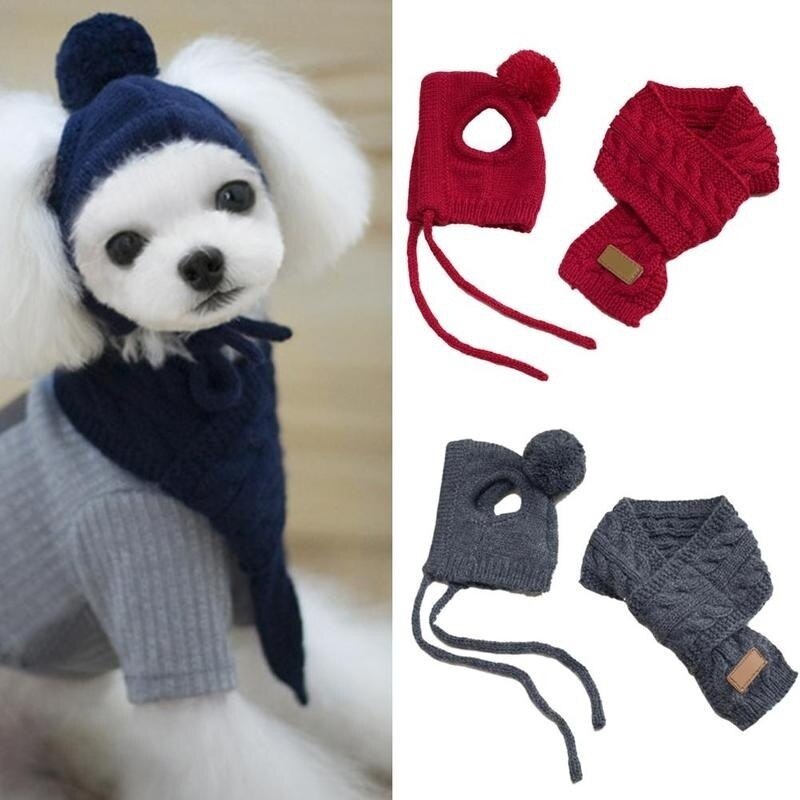 Hoed Voor Honden Winter Warm Stripes Gebreide Muts + Sjaal Kraag Puppy Teddy Kostuum Kerst Kleding Santa Hond Kostuum