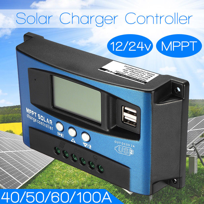 Mppt 30/40/50/60/100a solar charge controller dual usb lcd display 12v 24v auto solcellepanel oplader regulator med belastning