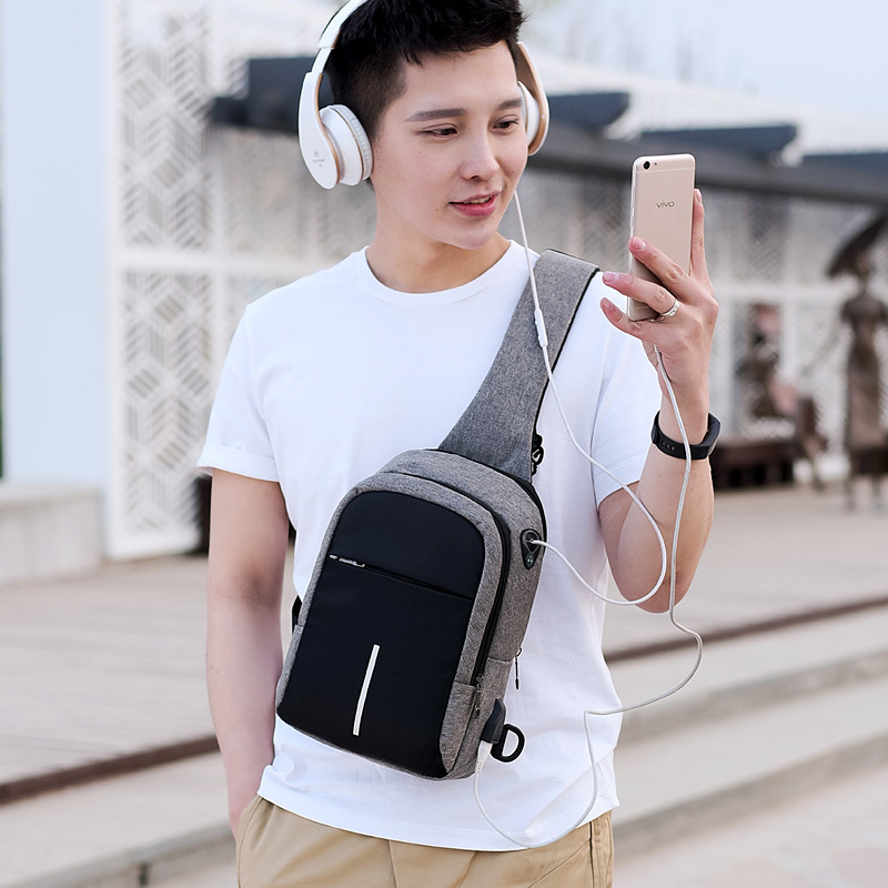 FengDong small crossbody bags for men one shoulder sling chest bag pack casual mini messenger bag with usb port