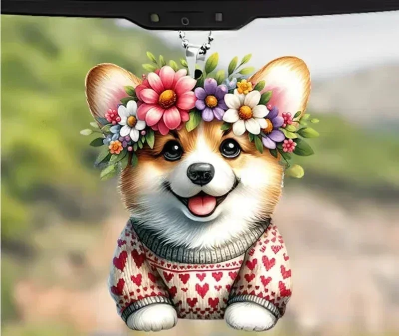 Lindo perro Material acrílico accesorios decorativos planos para coche moldura Interior colgante para coche adornos colgantes adornos para coche: Gris