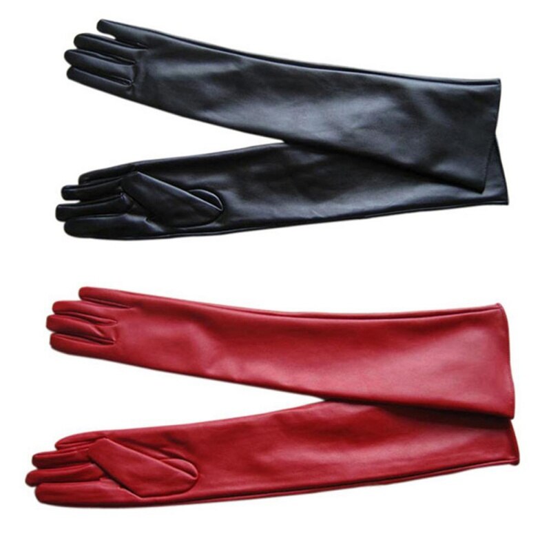 Guantes largos de invierno para mujer, cálidos dedos forrados, piel sintética, guante hasta el codo, Feamle, Negro, Rojo, resistente al agua