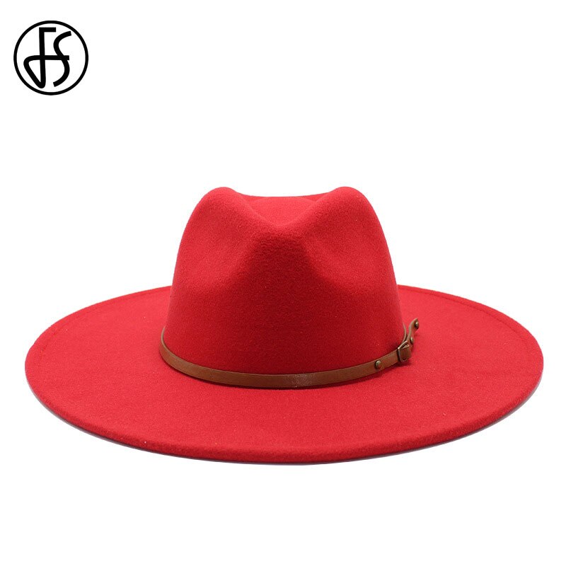 Fs stor imiteret uld fedora hat kvinder mænd filthuer med metal kæde dekor hvid panama trilby cowboy jazz cap chapeau sombrero: Rød