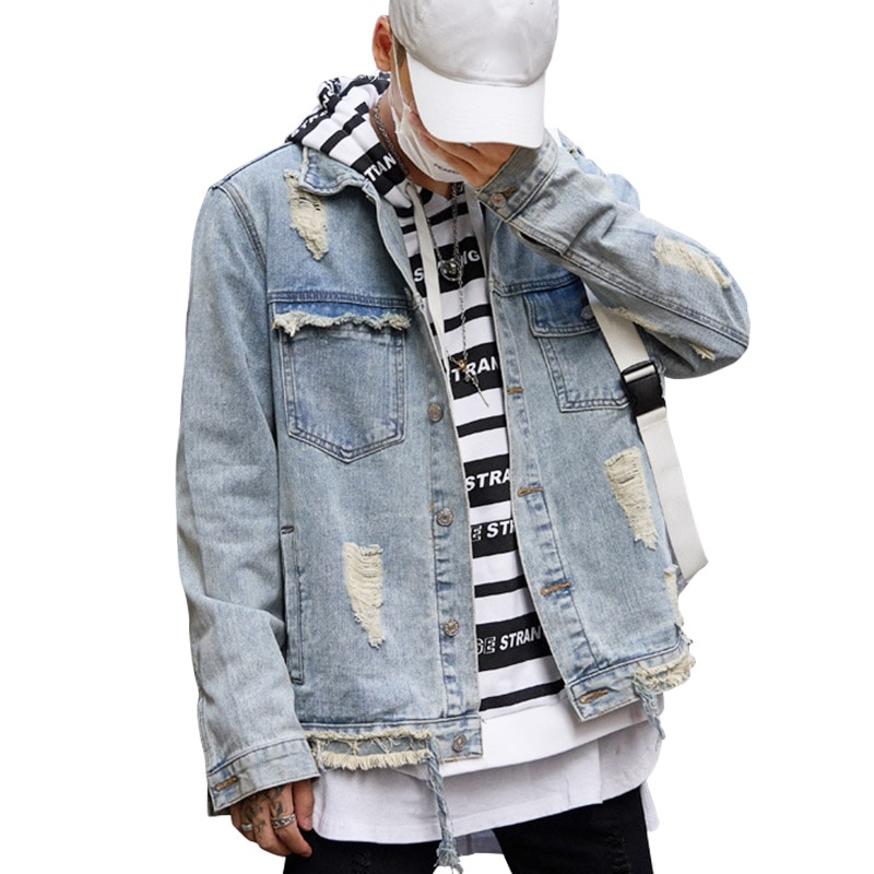 Vintage Clothing Denim Jacket Men Broken Hole Coat Gothic Punk Rave Jeans Jackets And Coats Men Outerwear Chaquetas Para Hombre