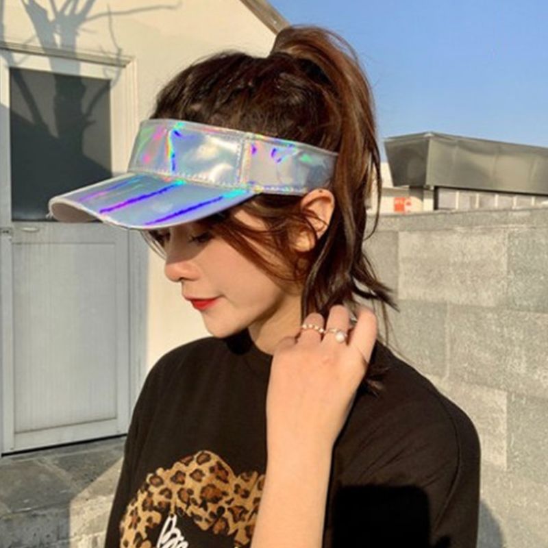 Minimalistisk unisex imiteret læder tom top baseball kasket metallisk rave hologram reflekterende hip-hop bred randen justeret solskærm hat