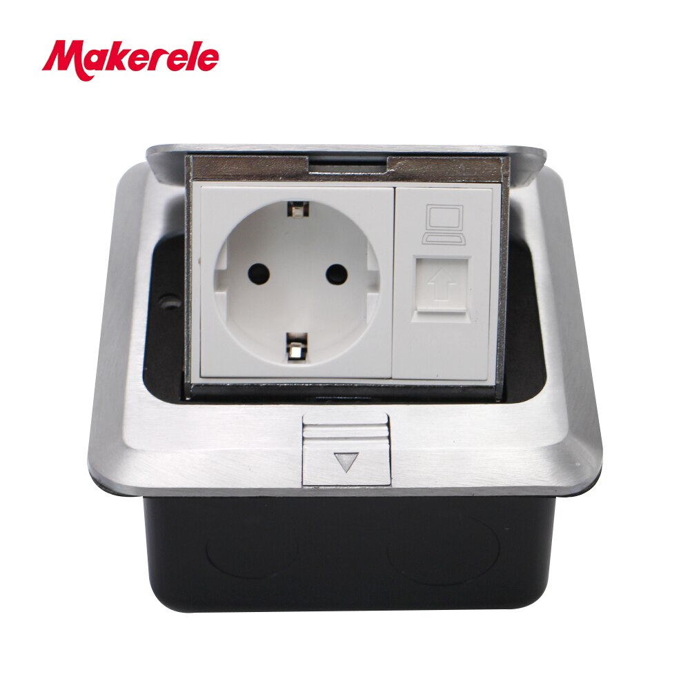 EU Standard Floor Socket square shape Pop Up Outlet Box with rj45 net/phone/USB connector aluminium alloy panel Makerele