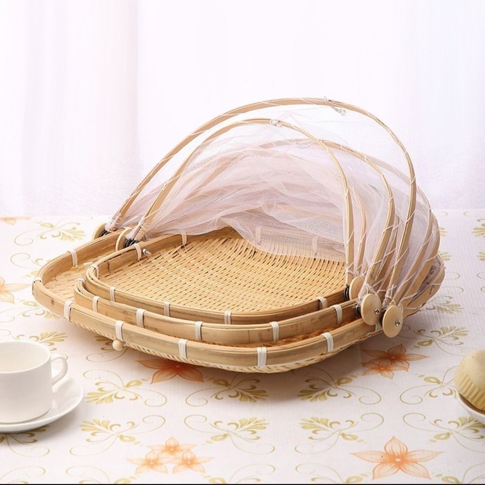 Bamboo Woven Basket Anti-Mosquito Net Fruit Vegetable Laundry Baskets Dustpan Tent Basket Tray Outdoor Picnic Mesh Net Cover