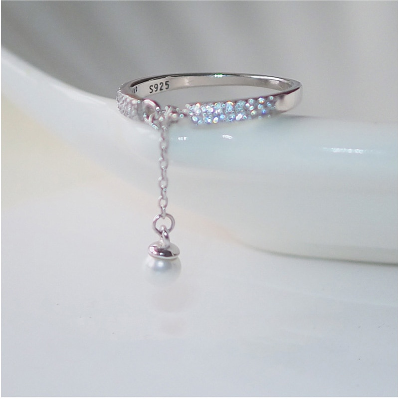 Anenjery Micro Zircon Tassel Chain Pearl Adjustable Rings For Women Silver Color Rings anillos Bague S-R334