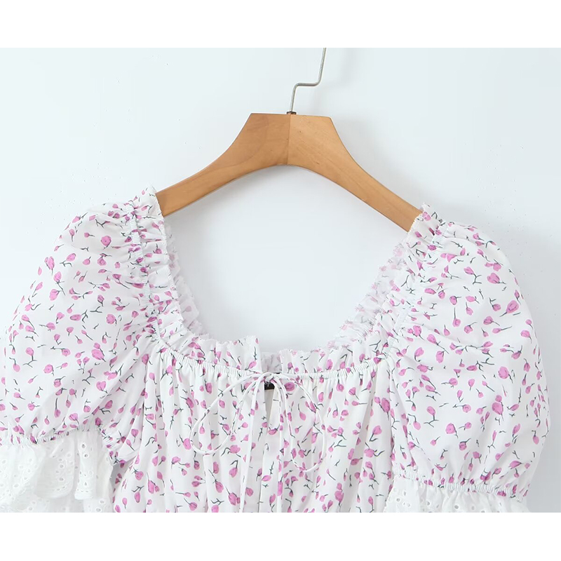 YENKYE Französisch Vintage Floral Print Sexy Off Schulter Kleider Frauen Spitze Patchwork Partei Sommer Kleid Kurze Robe Ziemlich