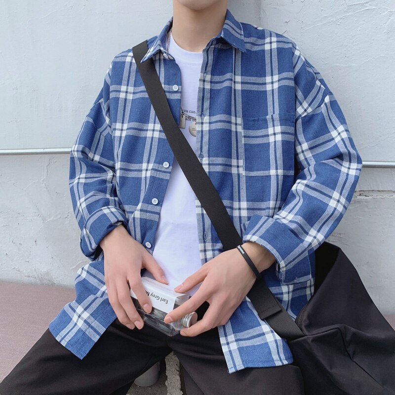 Koreansk stil casual oversize långärmad rutig skjorta i bomull