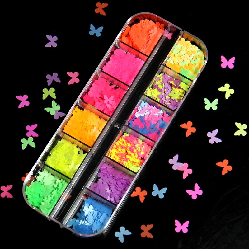 Fluorescentie Nail Glitter Vlokken Vlinder Vorm Neon Pailletten 3D Nagels Accessoires Gel Polish Manicure Nail Art Decoraties 5Mm