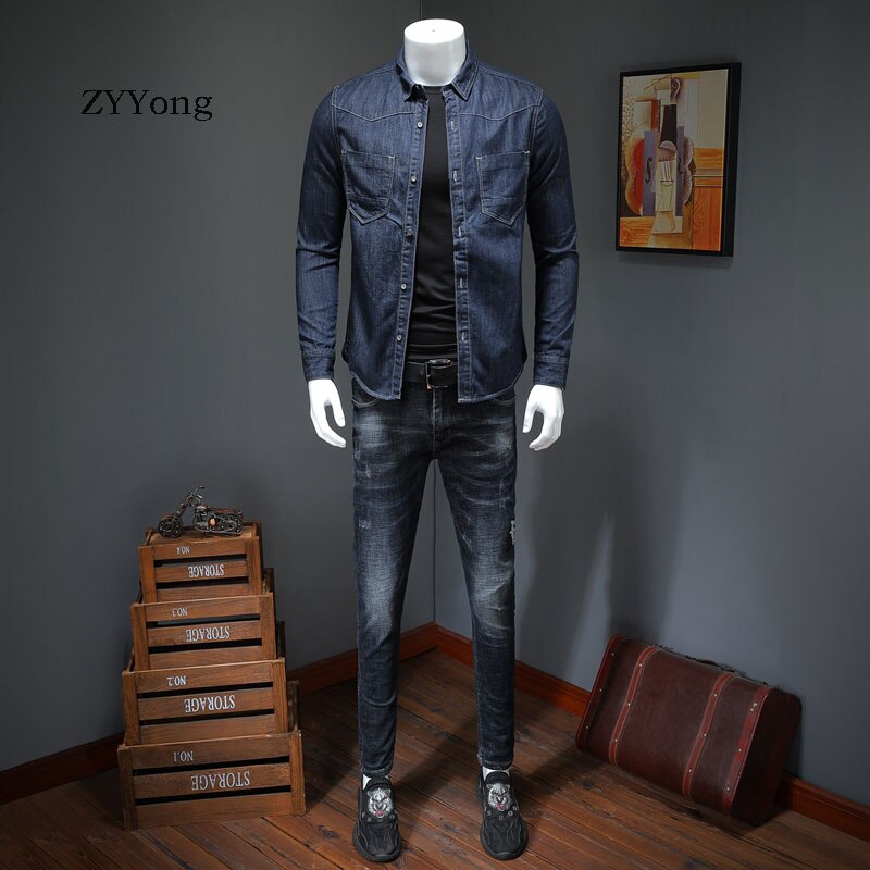 Japansk stil bomuld bombefly pilot langærmet blå tynd denim skjorte herre jean frakke streetwear afslappet cowboy tøj