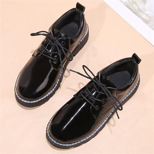 mujeres pisos británico estilo Oxford Zapatos mujeres encaje casual Up Pu pisos Zapatos Mujer señoras Zapatos: 23-2 Black glossy / 35