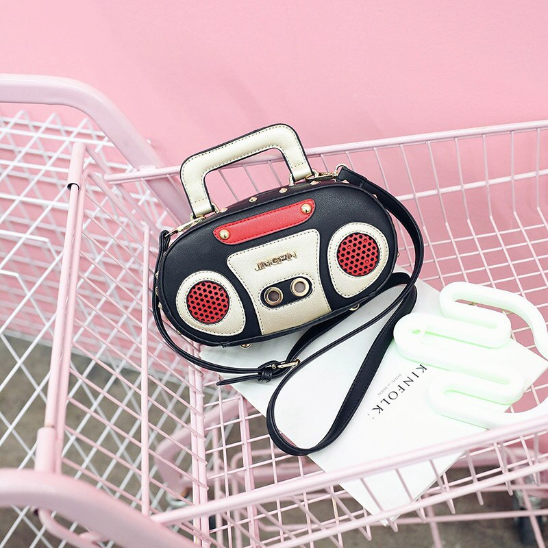 Sjov personlighed retro radio håndtaske dame afslappet totes skuldertaske kvindelig crossbody mini messenger crossbody: Sort