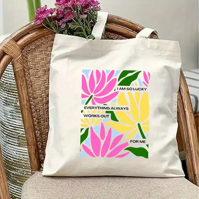 Boho Floral Print Canvas Tote Bag Women's Aesthetics Wildflowers Beach Shoulder Bag Student Casual Travel Floral Trend Handbag: Khaki