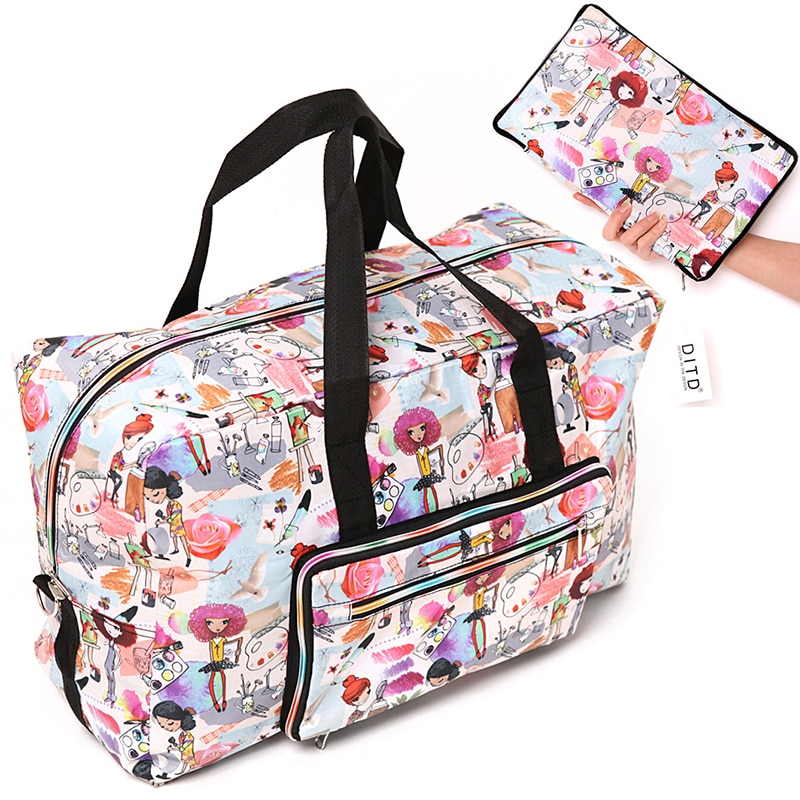 Bolso de viaje plegable con estampado de dibujos animados para mujer, bolsa de viaje de gran capacidad, impermeable, con estampado de perro, portátil, para acampar