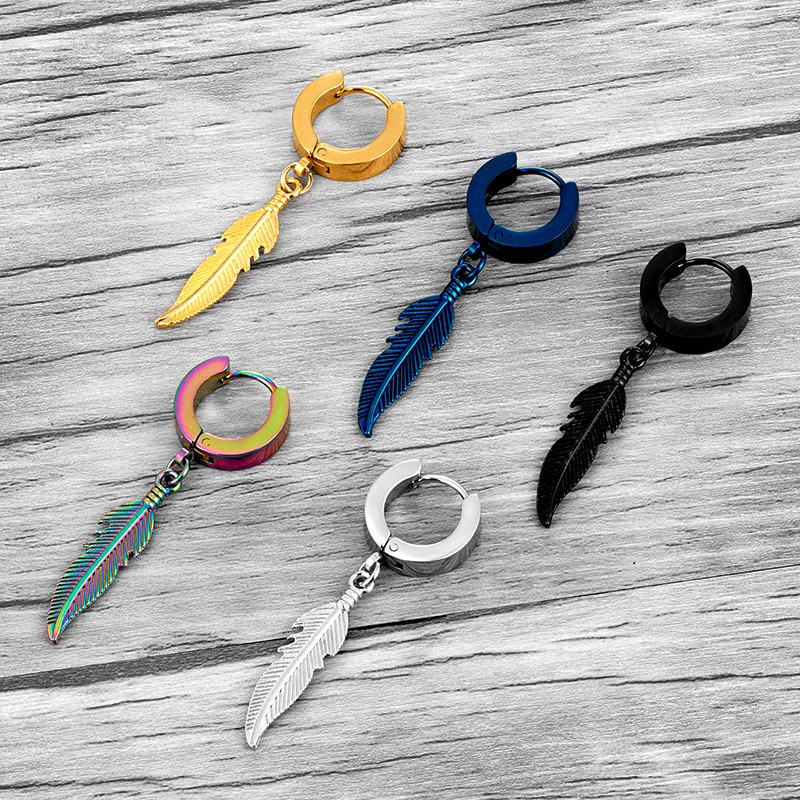 1 pieza Simple pluma colgante pendientes hombre mujer pendientes de acero inoxidable Unisex personalidad oreja joyería accesorio
