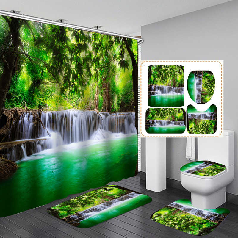 Forest Tree Waterfall Flannel Non-Slip Bath Mat Toilet Cover Rugs Shower Curtain With 12 Hooks Green Bathroom Decor Set