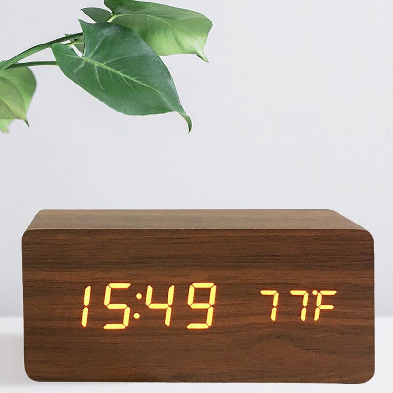 Multifunctionele led houten elektronische wekker met gedempte temperatuur, wekker met dubbel display, usb-wekker