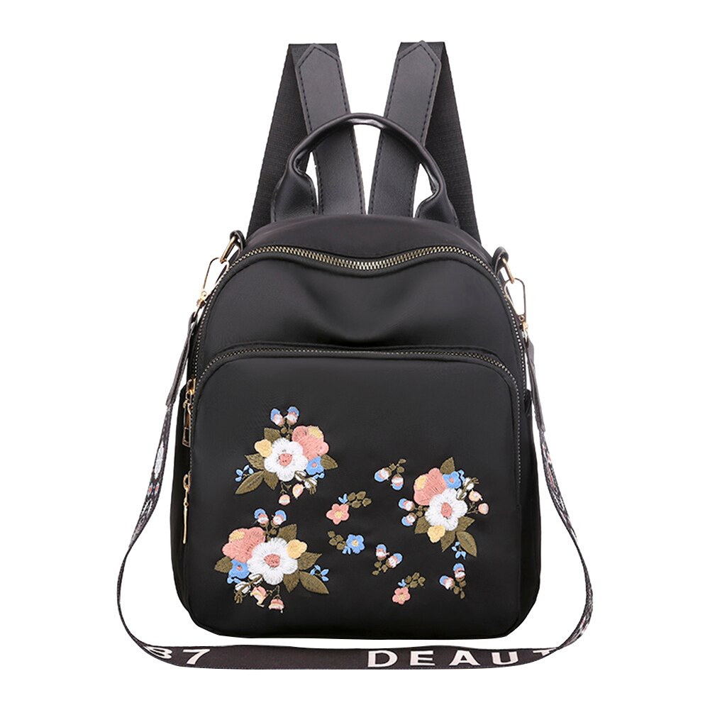 Oxford Tuch Stickerei Frauen Schulter Rucksack retro Blume Gedruckt Multi Reißverschluss Pack lässig Mädchen Schüler Schule Tasche: Schwarz