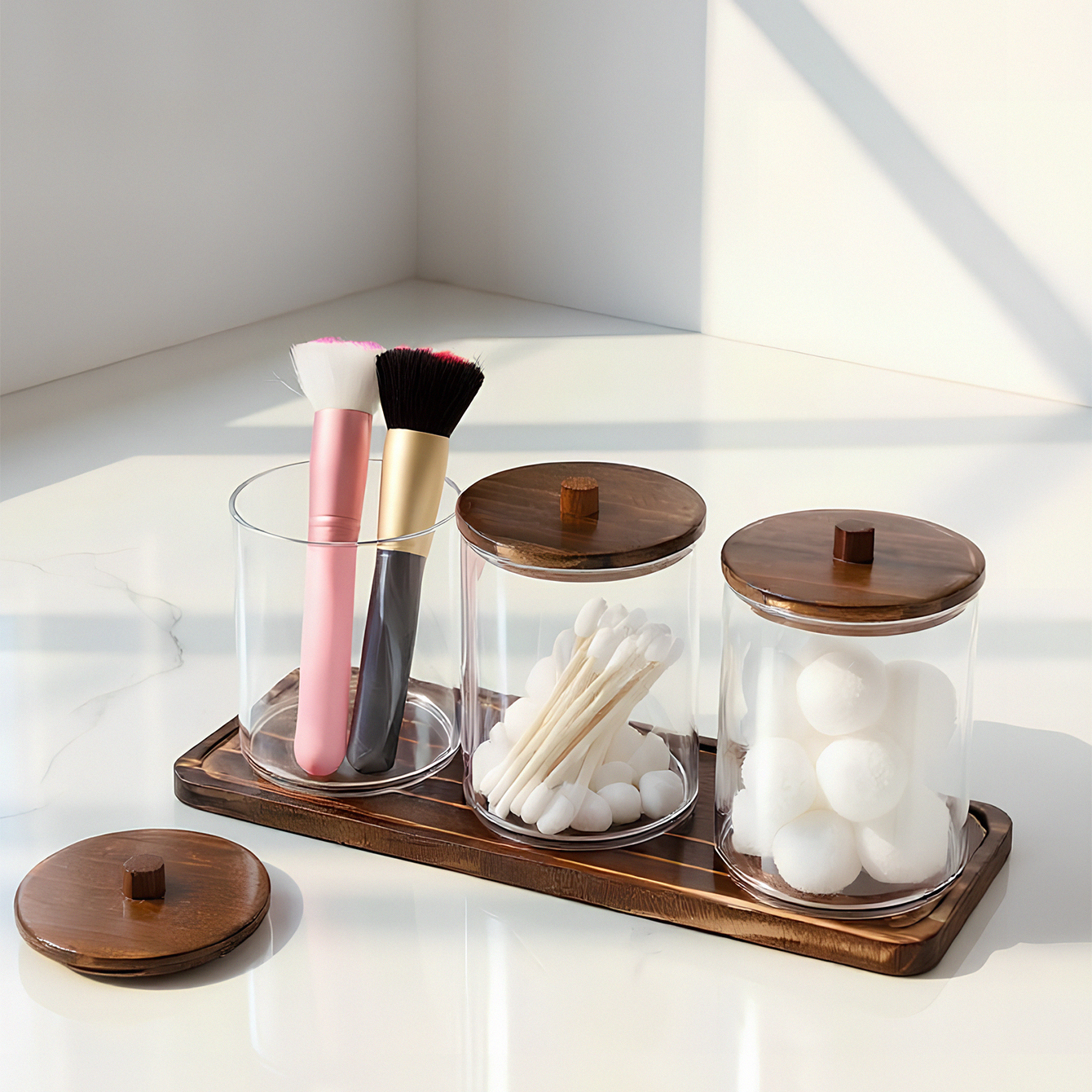 Badkamer Organizer Accessoires Set Qtip Houder Opslag met Doorzichtige Plastic Deksels, Katoenen Bal/Swabs Dispenser, Organizer Pot