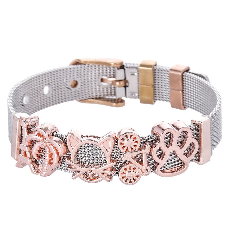 TOGORY Stainless Steel Mesh Bracelet With Crystal Cartoon Dog Claw Charms Fine Bracelets Set For Women Kids: 1