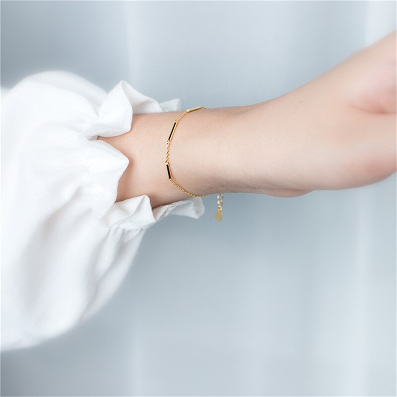 ROMAD Simple 925 Solid Real Sterling Silver Gold Stick Chain 16cm Bracelets For Teen Women Hand Accessories Jewelry R25