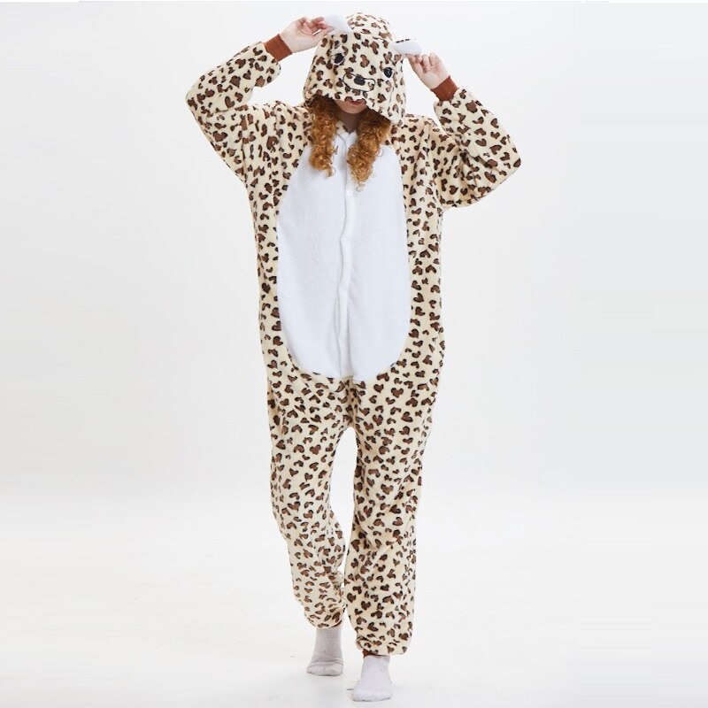 Kigurumi léopard ours capuche onesie hommes femmes kugurumi combinaison pyjama adulte flanelle toute une pièce pyjamas animaux onsies: S