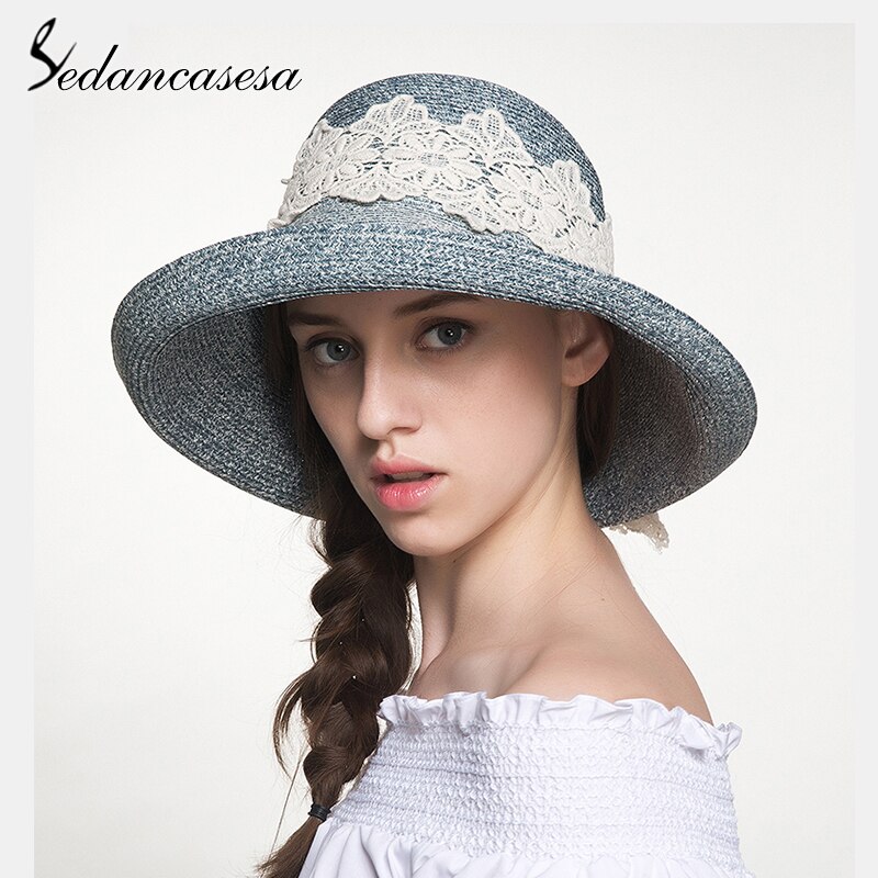 Summer Ladies Summer Straw Hat With Lace Sun Visor Wide Brim Hats For Women SW129002