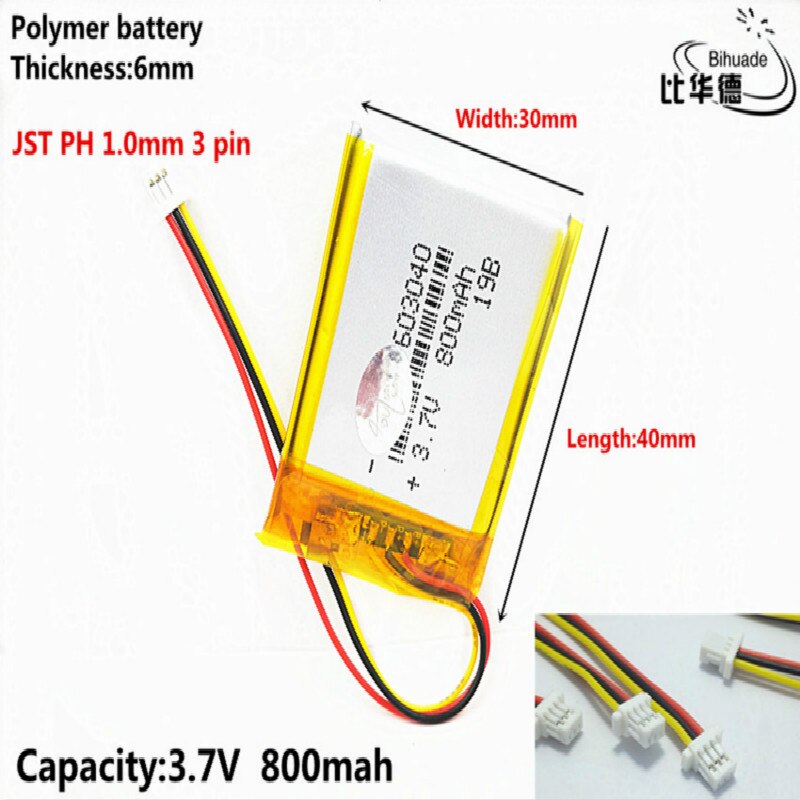 JST PH 1,0mm 3 pin 3,7 V,800mAH 603040 polímero de iones de litio/Li-ion batería para tablet pc Banco, GPS,mp3,mp4