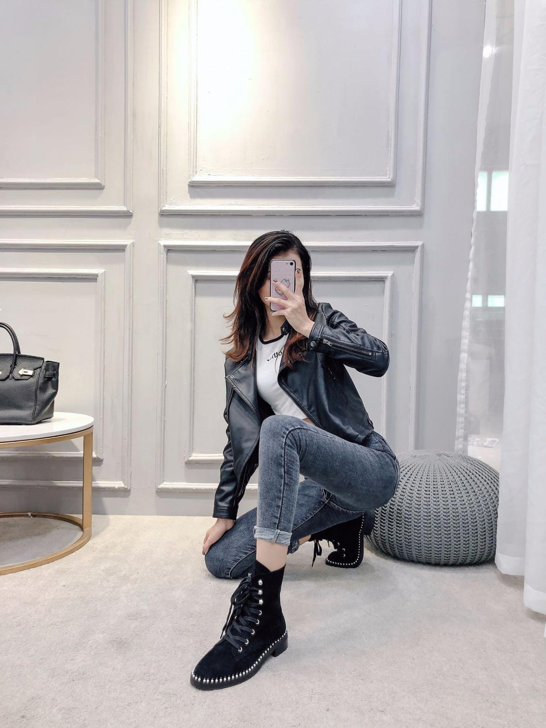 Herfst dames botas mujer klinknagels herfst schoenen dames martin boots parel merk dames schoenen kruisband enkellaarsjes: Zwart / 5