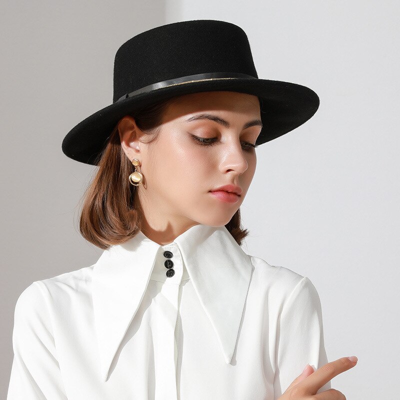 Casquette avec chaîne en feutre de laine pour femmes, chapeau marron à bord plat, casquette en forme de dôme, à la , chapeau Fedora pour église, X4069