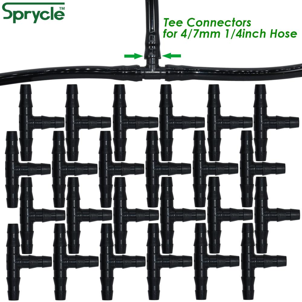 Sprycle 100-500 Stuks 1/4 Inch Connector Gezamenlijke Tee Irrigatie Druppelaar Watering Planten Outdoor Tuingereedschap Voor 4Mm/7Mm Pijp Slang