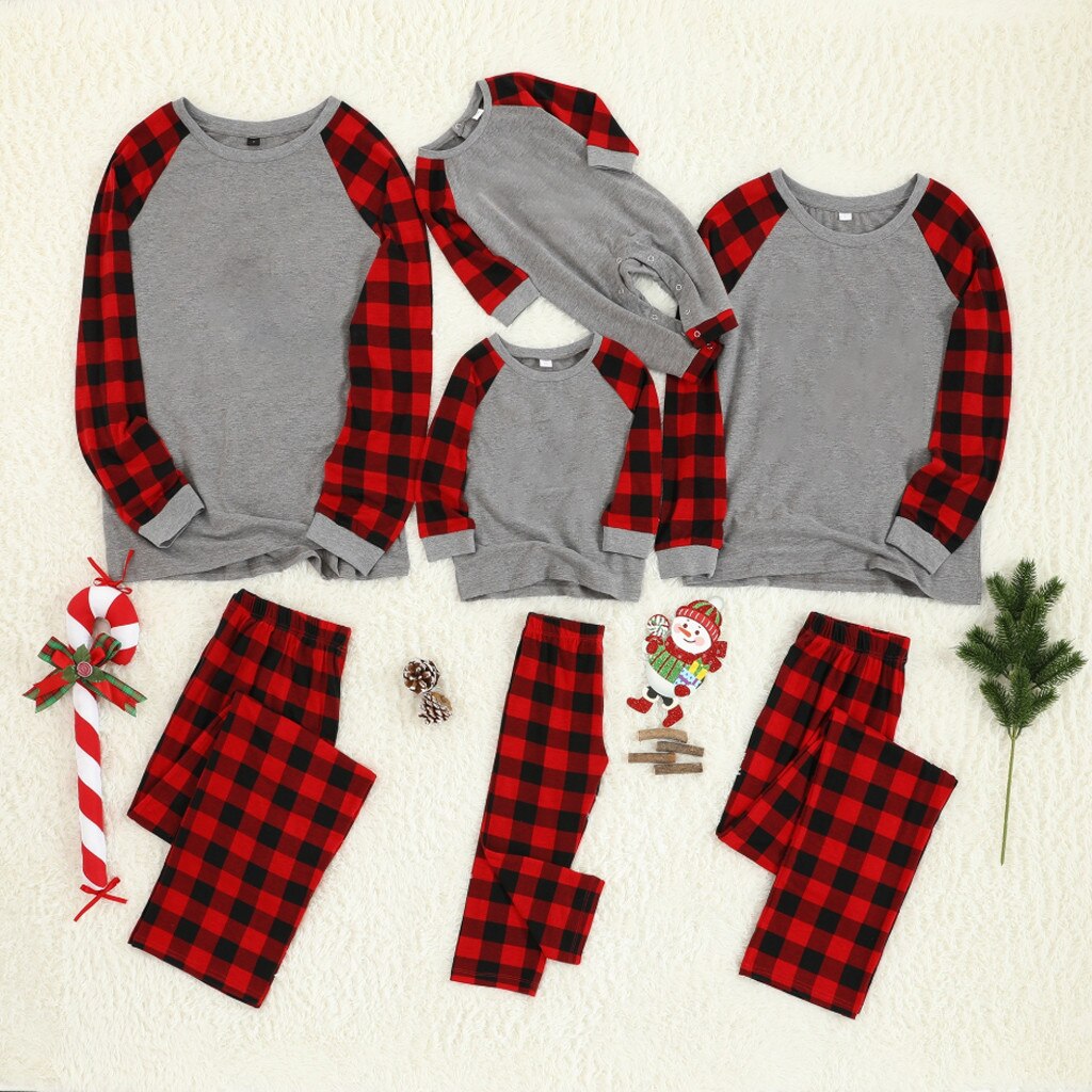 Winter Familie Kerst Pyjama Set Kids Baby Nachtkleding Familie Outfits Met Lange Mouwen O-hals Brief Print Tops + Plaid Broek set